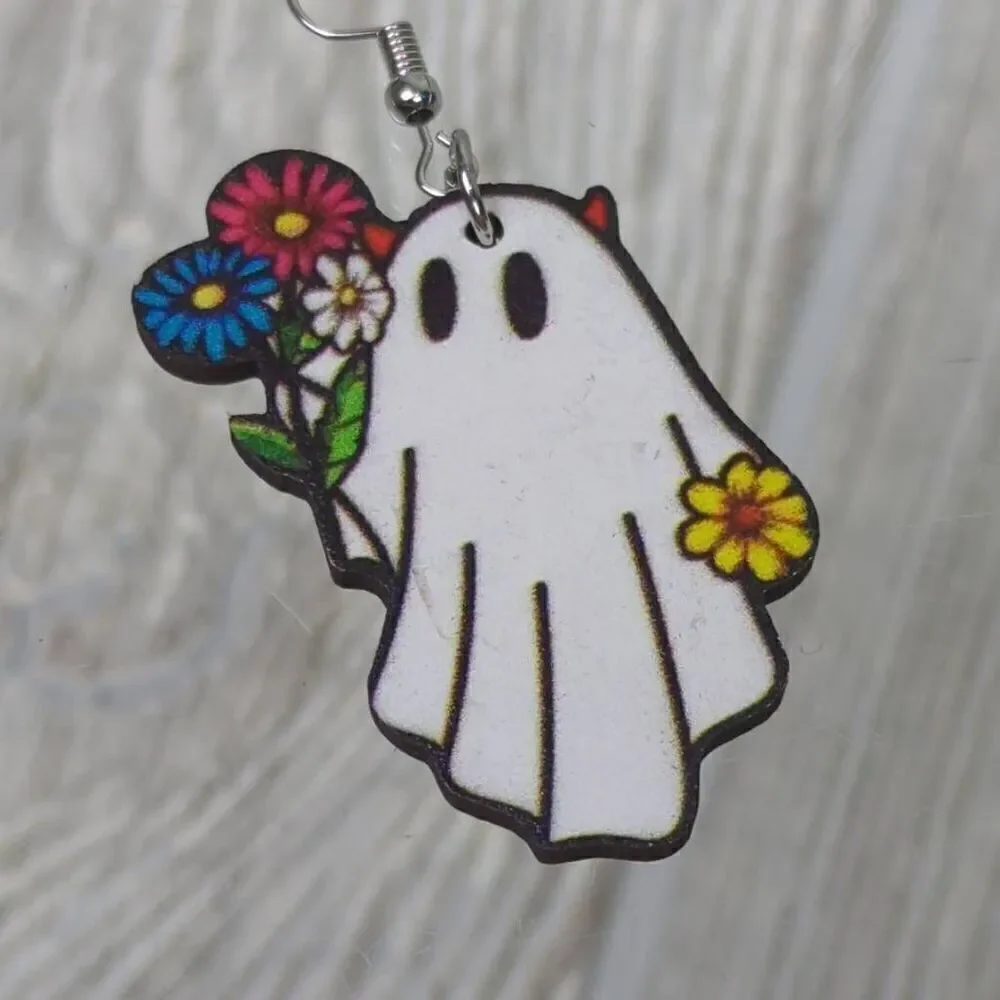 Halloween Spooky Ghost with Flowers Wire Dangle Earrings White 1.5